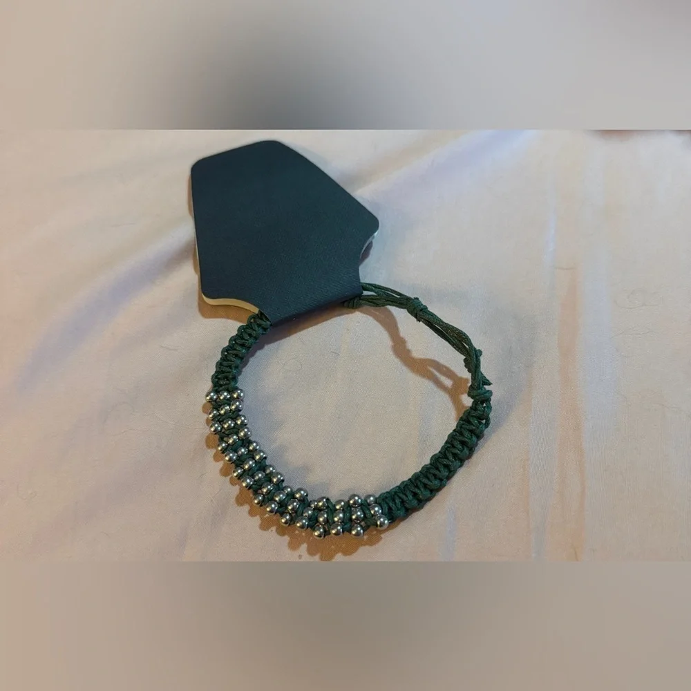 Green Braided Bracelet with Silver Beads